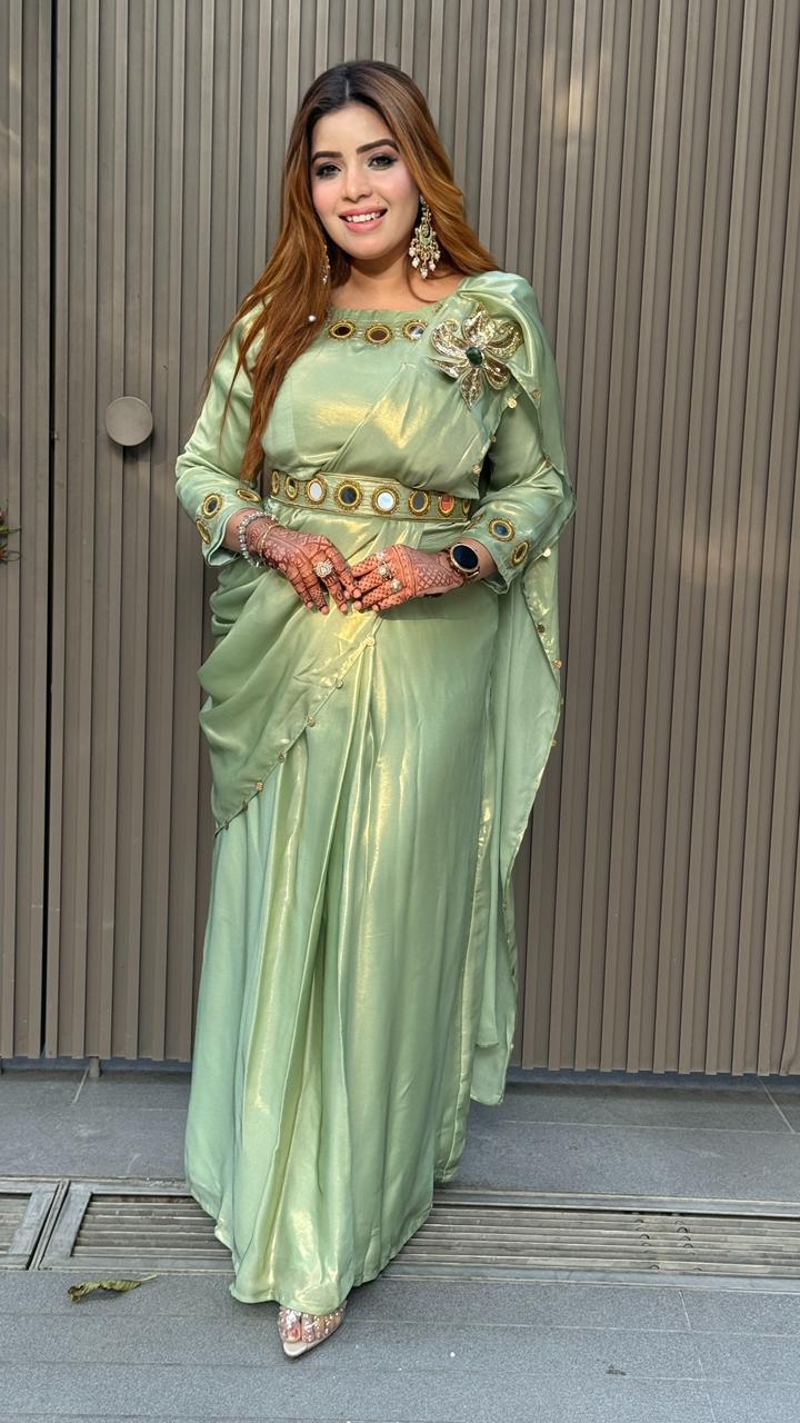 Riva Drape Saree- Pink, Beige, Green